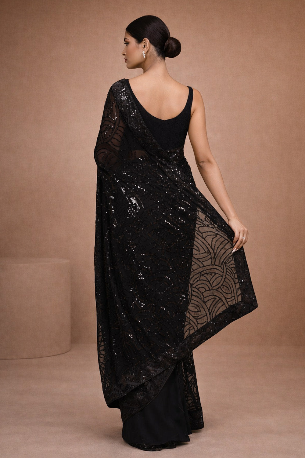 Nyris Black Sequins Georgette One Minute Saree