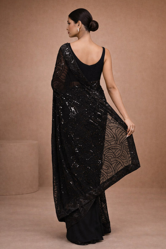Nyris Black Sequins Georgette One Minute Saree