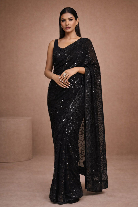 Nyris Black Sequins Georgette One Minute Saree