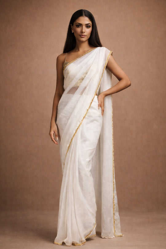 Avya White Tissue  Saree with Embellished Border Ready to Wear One Minute Saree