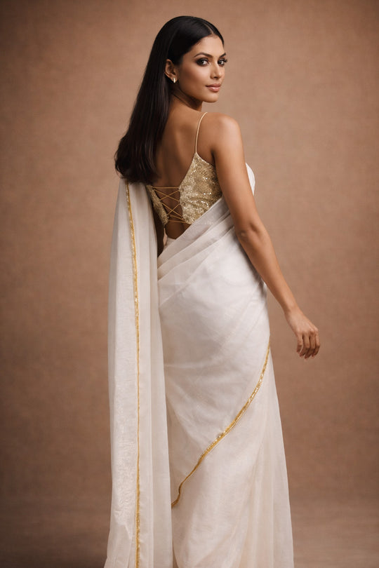 Avya White Tissue  Saree with Embellished Border Ready to Wear One Minute Saree