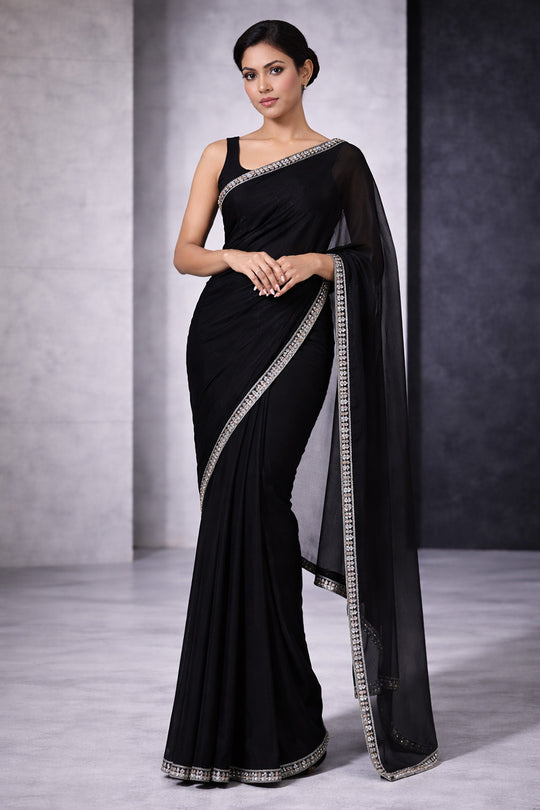 Anika Black Satin Silk Embellished Ready to Wear One Minute Saree