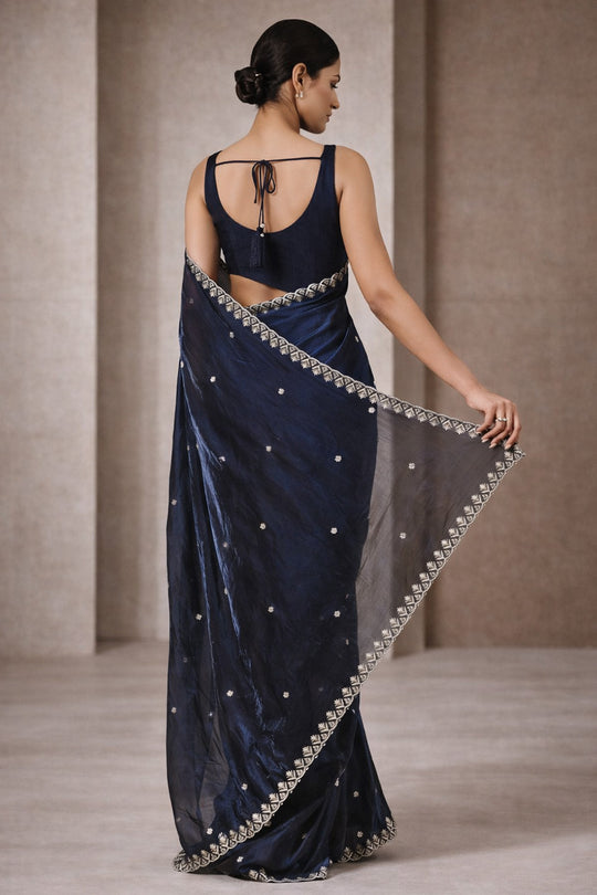 Mira Navy Blue Paper Silk Embroidered Ready to Wear One Minute Saree