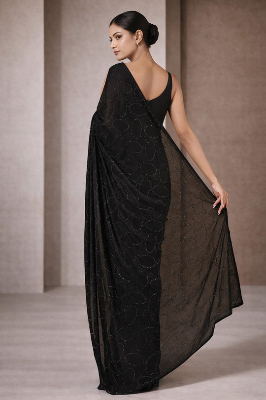 Aleena Black Swarovski Satin Silk Ready To Wear One Minute Saree
