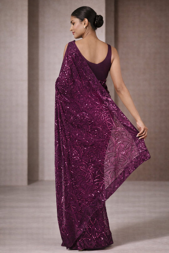 Nyris Magenta Georgette Sequins One Minute Saree