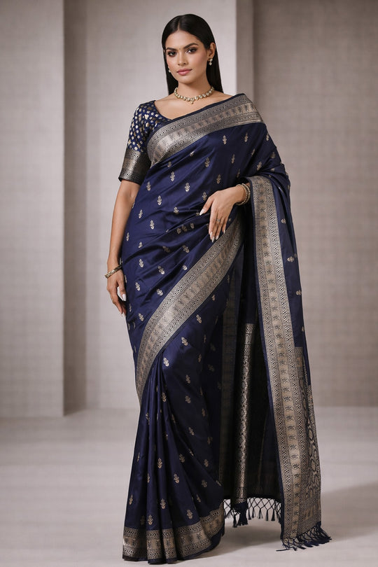 Ana Navy Blue Silk Blend Banarasi One Minute Saree