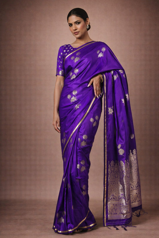 Shayna Pichwai Navy Blue Silk Foil Print Saree