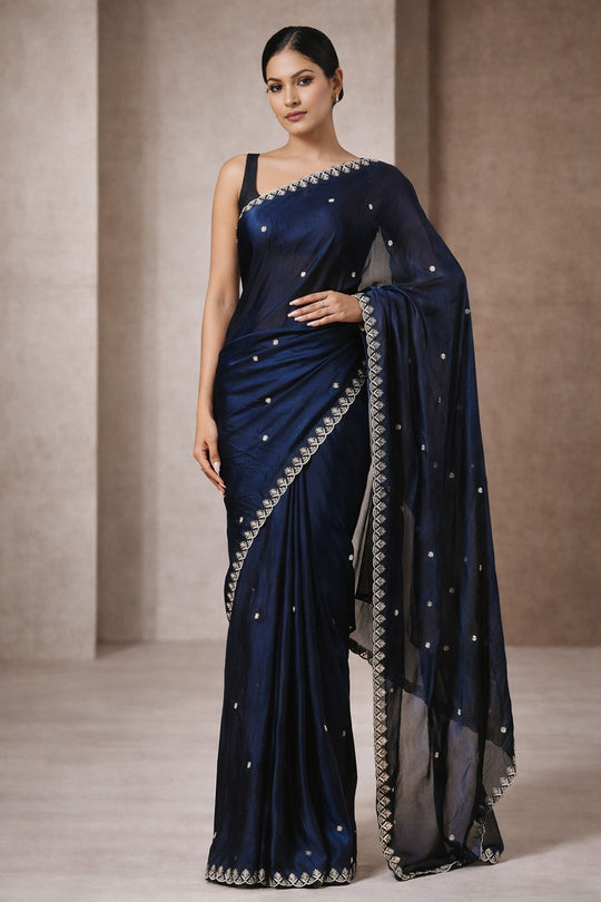 Mira Navy Blue Paper Silk Embroidered Ready to Wear One Minute Saree