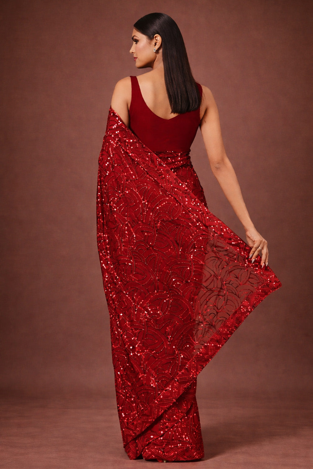 Nyris Red Sequins Georgette One Minute Saree