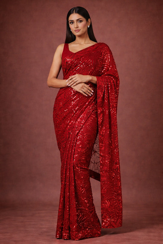 Nyris Red Sequins Georgette One Minute Saree