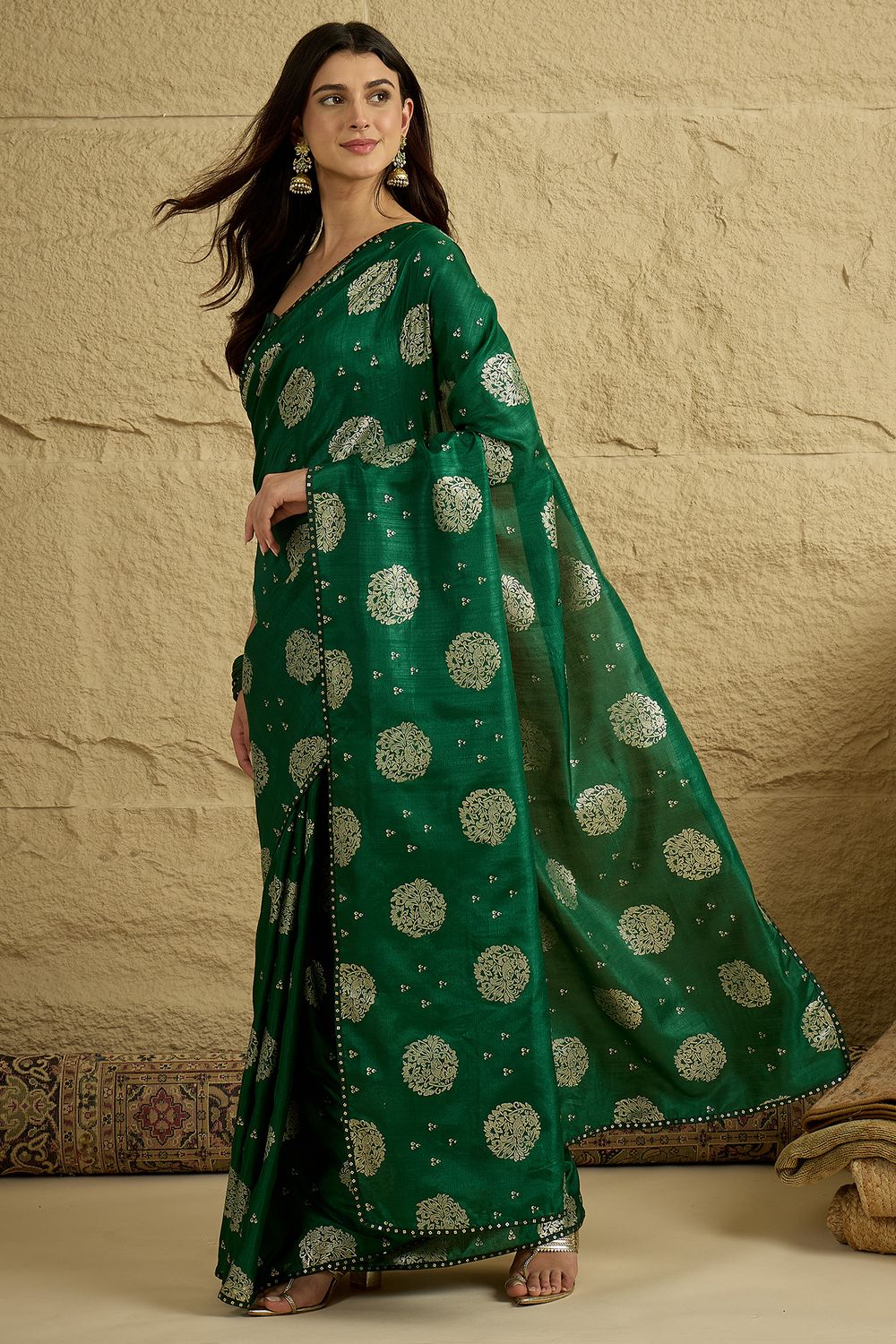 Ivy Green Georgette Floral Woven Ready To Wear Saree