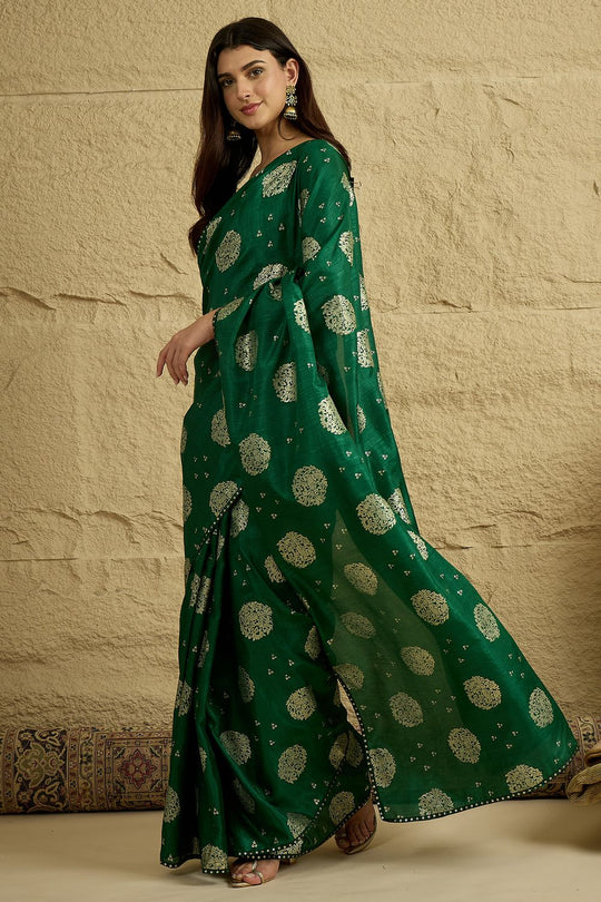 Ivy Green Georgette Floral Woven Ready To Wear Saree