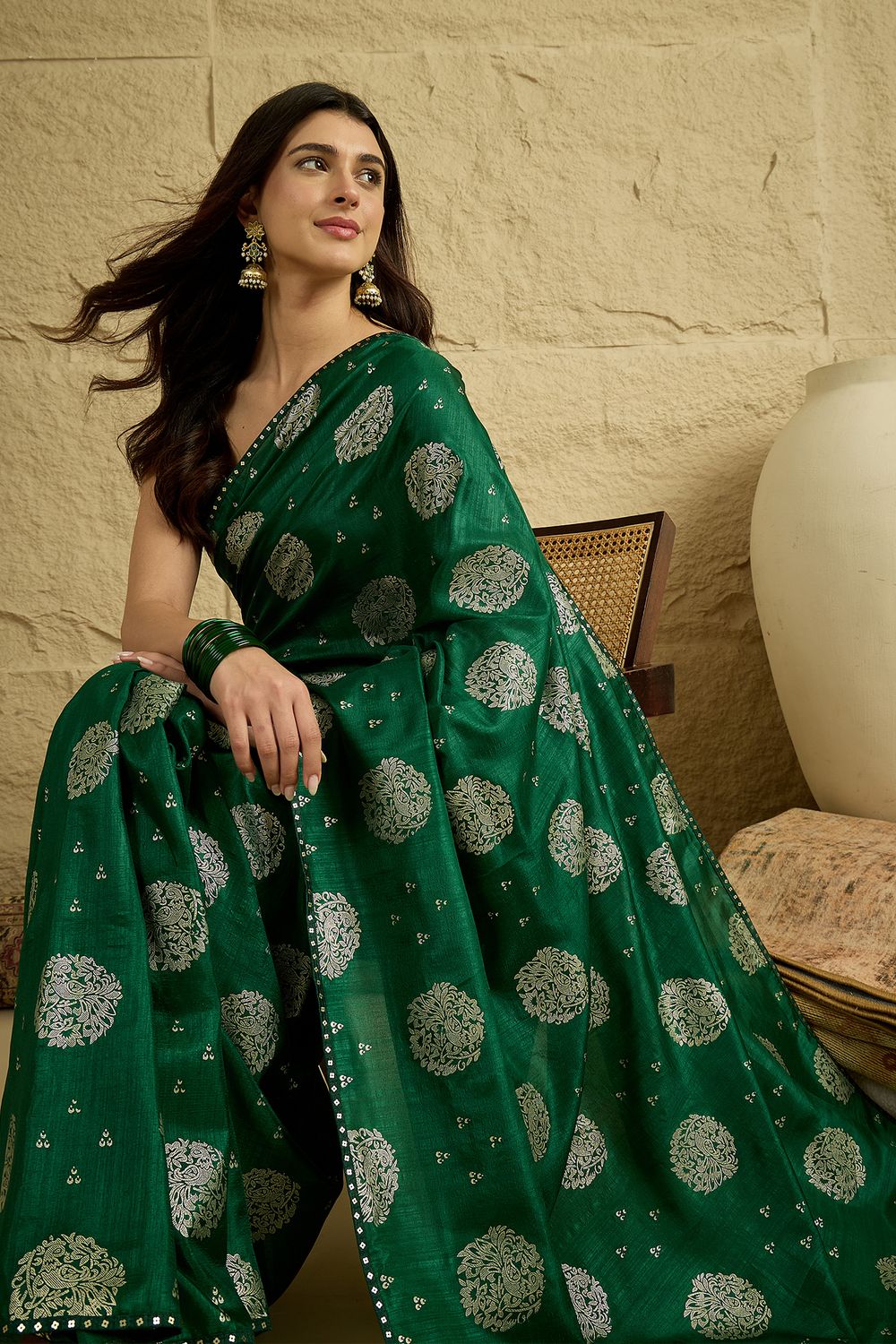 Ivy Green Georgette Floral Woven Ready To Wear Saree