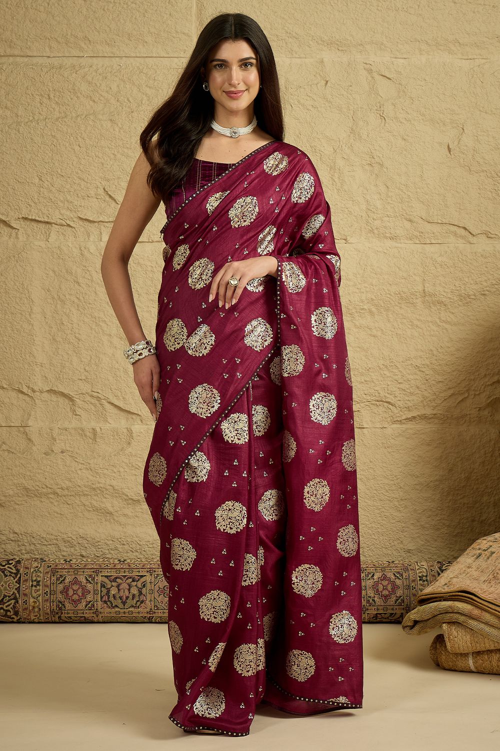Ivy Wine Georgette Floral Woven Ready To Wear Saree