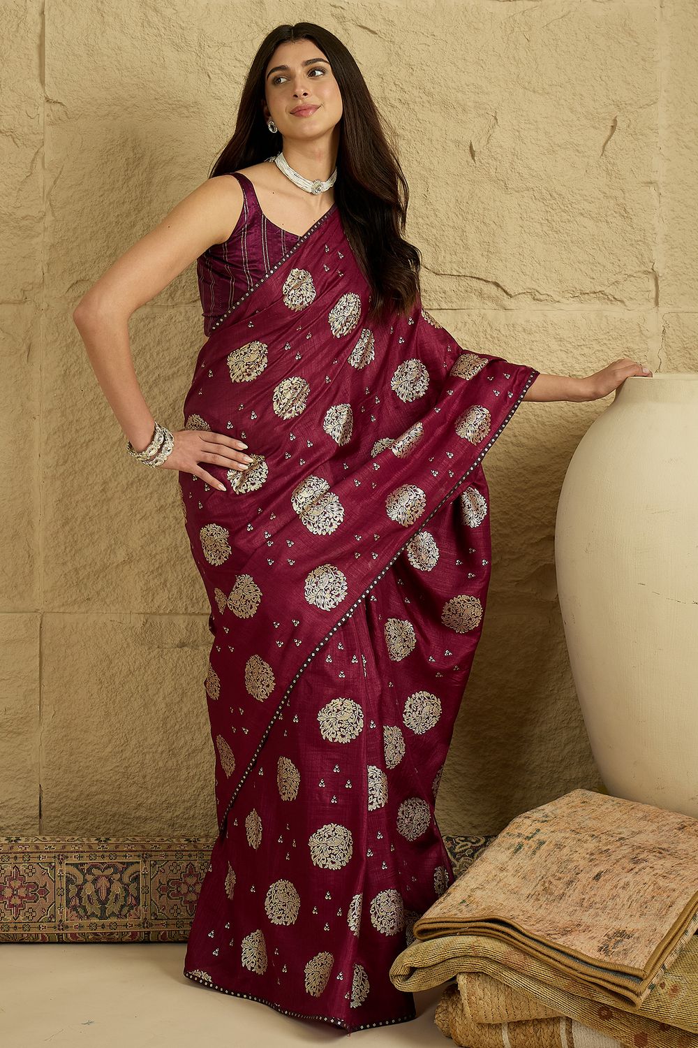 Ivy Wine Georgette Floral Woven Ready To Wear Saree