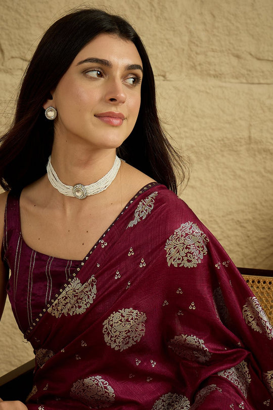 Ivy Wine Georgette Floral Woven Ready To Wear Saree