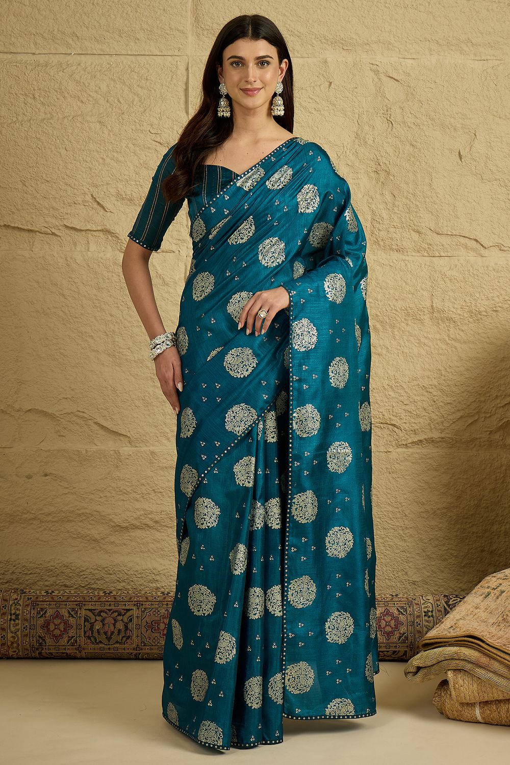 Ivy Teal Blue Georgette Floral Woven Ready To Wear Saree