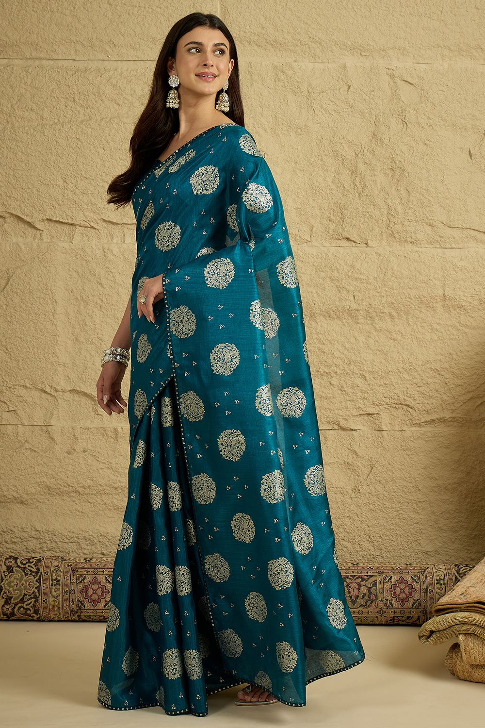 Ivy Teal Blue Georgette Floral Woven Ready To Wear Saree