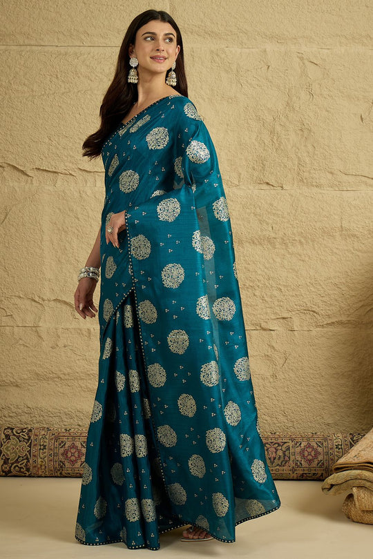 Ivy Teal Blue Georgette Floral Woven Ready To Wear Saree
