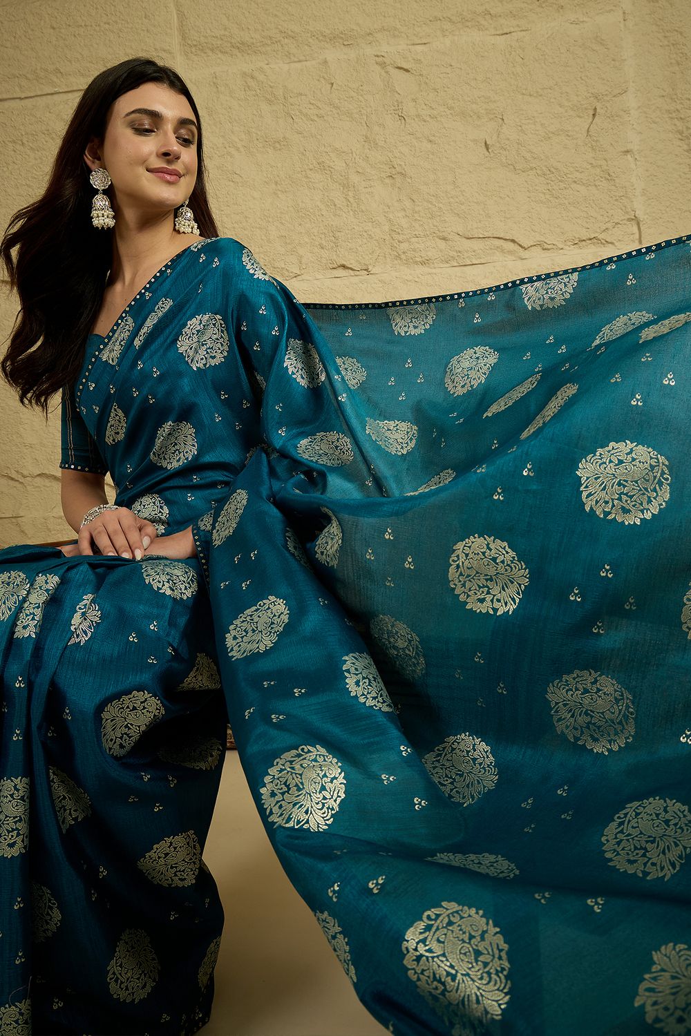 Ivy Teal Blue Georgette Floral Woven Ready To Wear Saree