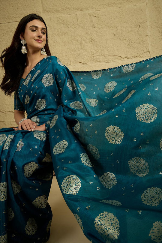 Ivy Teal Blue Georgette Floral Woven Ready To Wear Saree