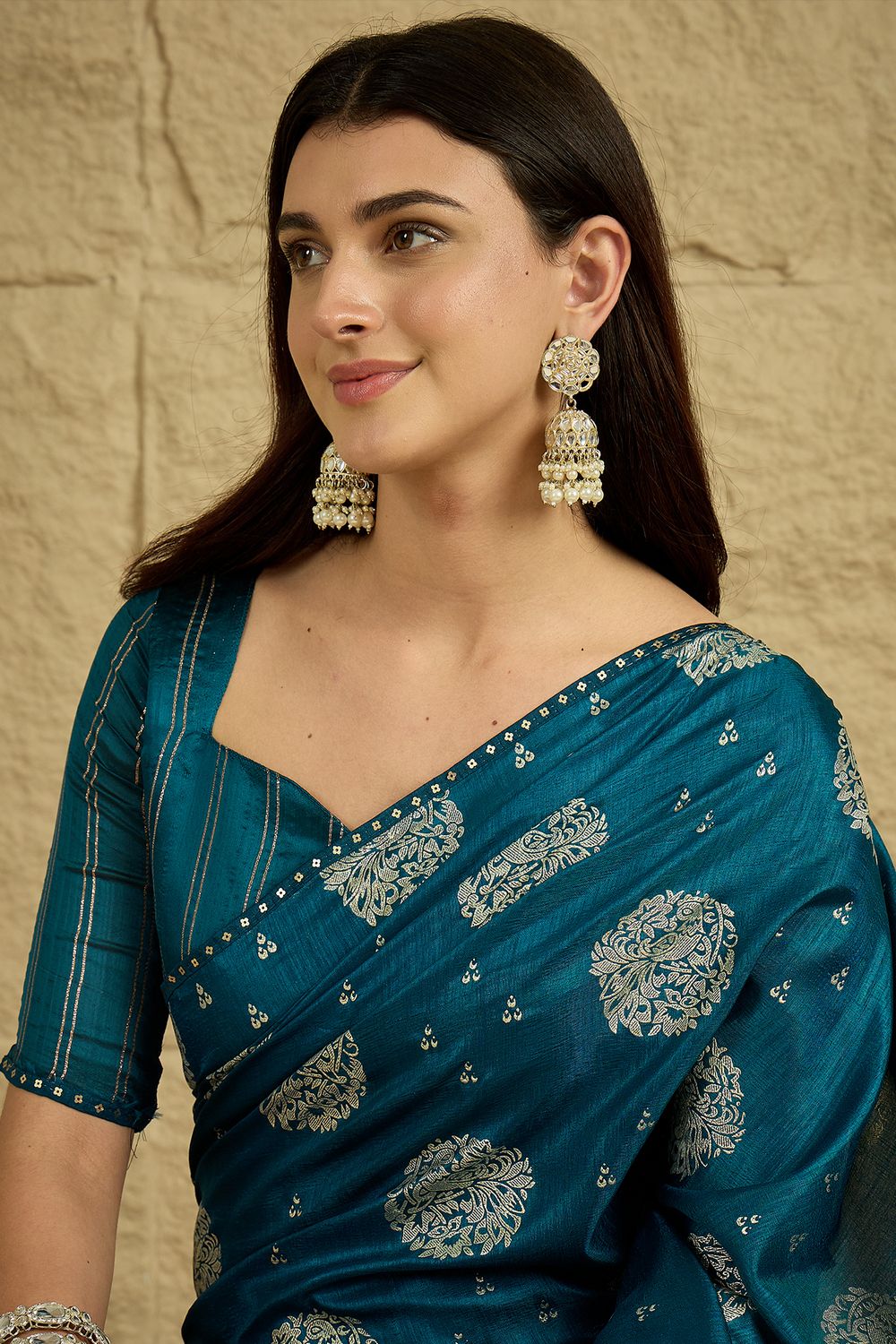 Ivy Teal Blue Georgette Floral Woven Ready To Wear Saree