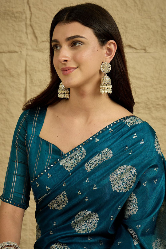 Ivy Teal Blue Georgette Floral Woven Ready To Wear Saree
