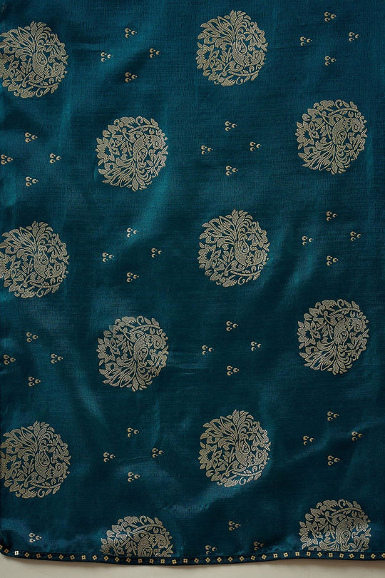 Ivy Teal Blue Georgette Floral Woven Ready To Wear Saree