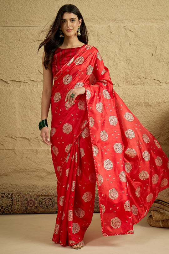 Ivy Red Georgette Floral Woven Ready To Wear Saree