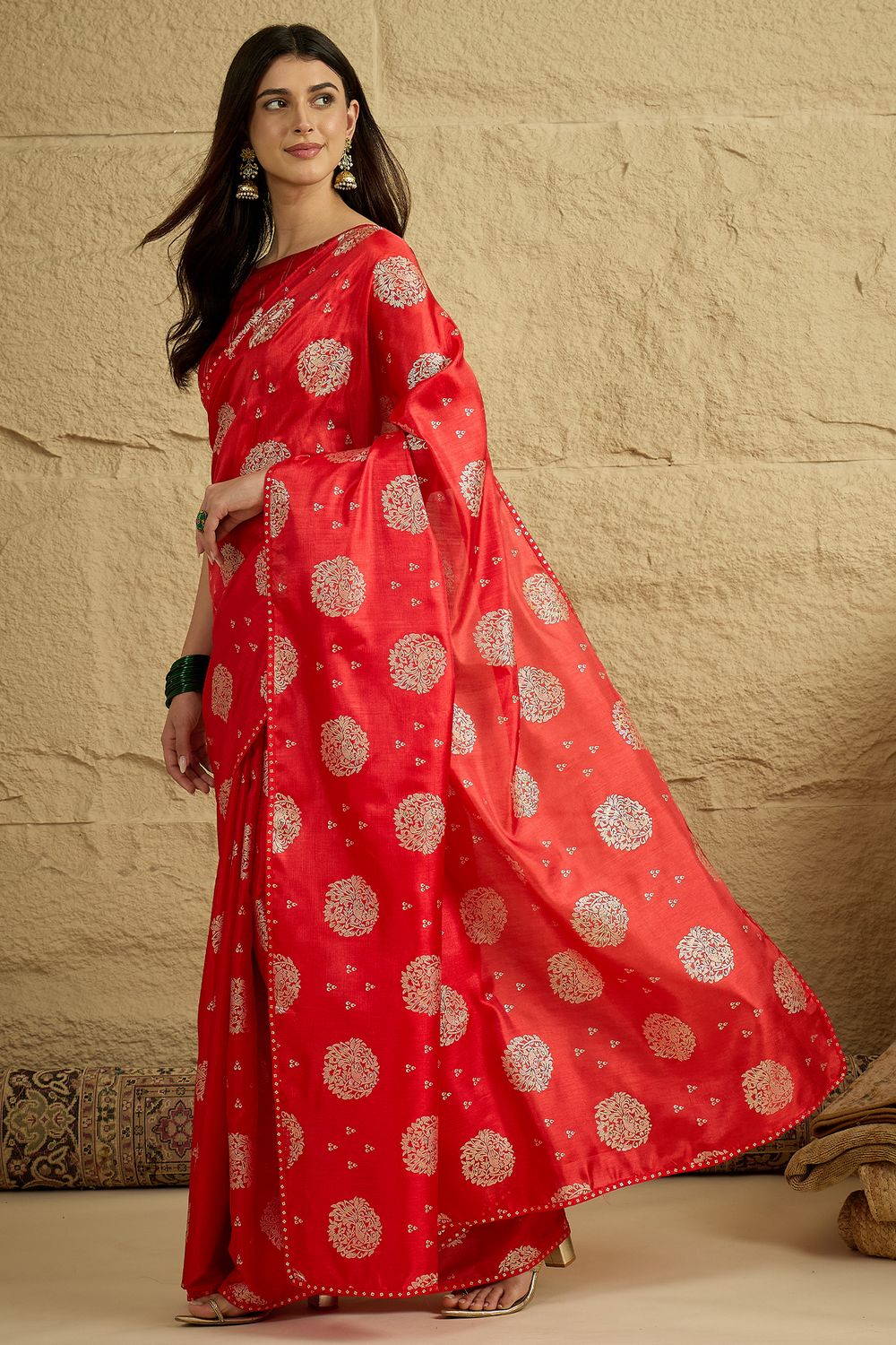 Ivy Red Georgette Floral Woven Ready To Wear Saree
