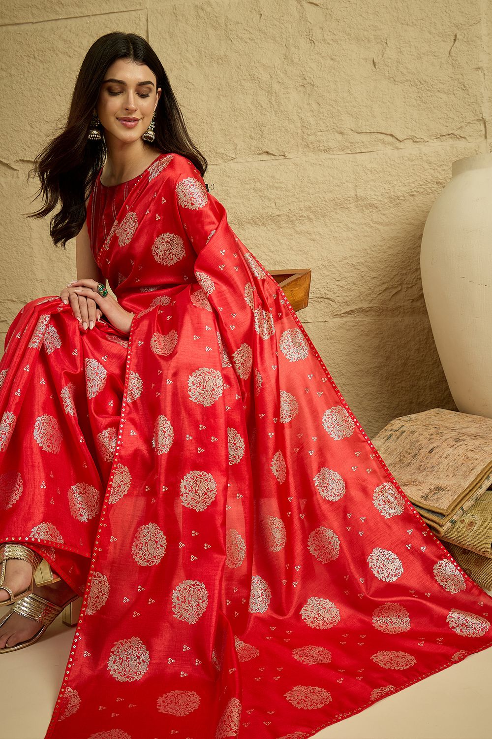 Ivy Red Georgette Floral Woven Ready To Wear Saree