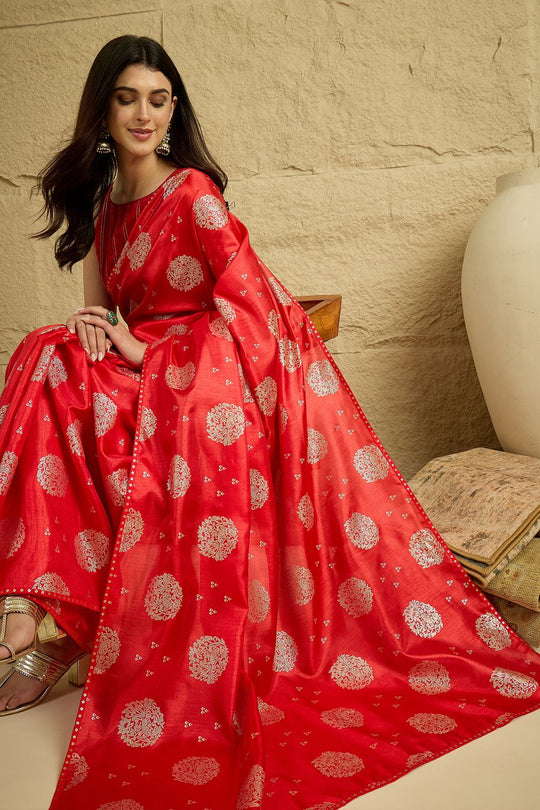 Ivy Red Georgette Floral Woven Ready To Wear Saree