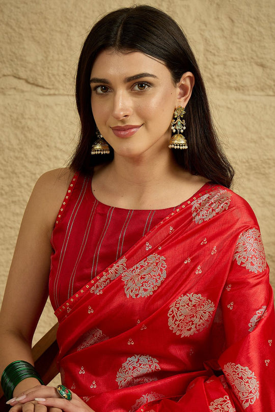 Ivy Red Georgette Floral Woven Ready To Wear Saree