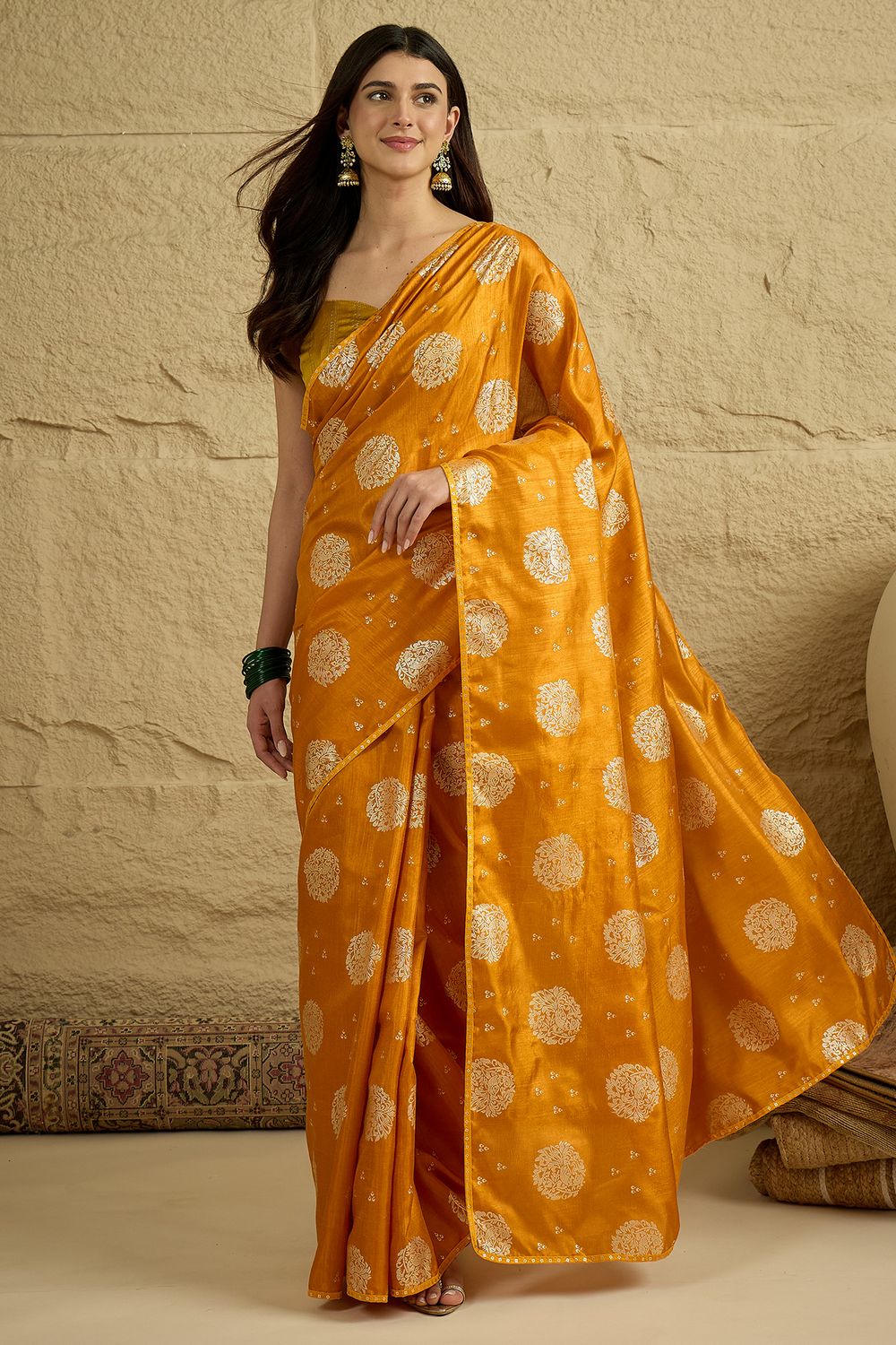 Ivy Mustard Yellow Georgette Floral Woven Ready To Wear Saree