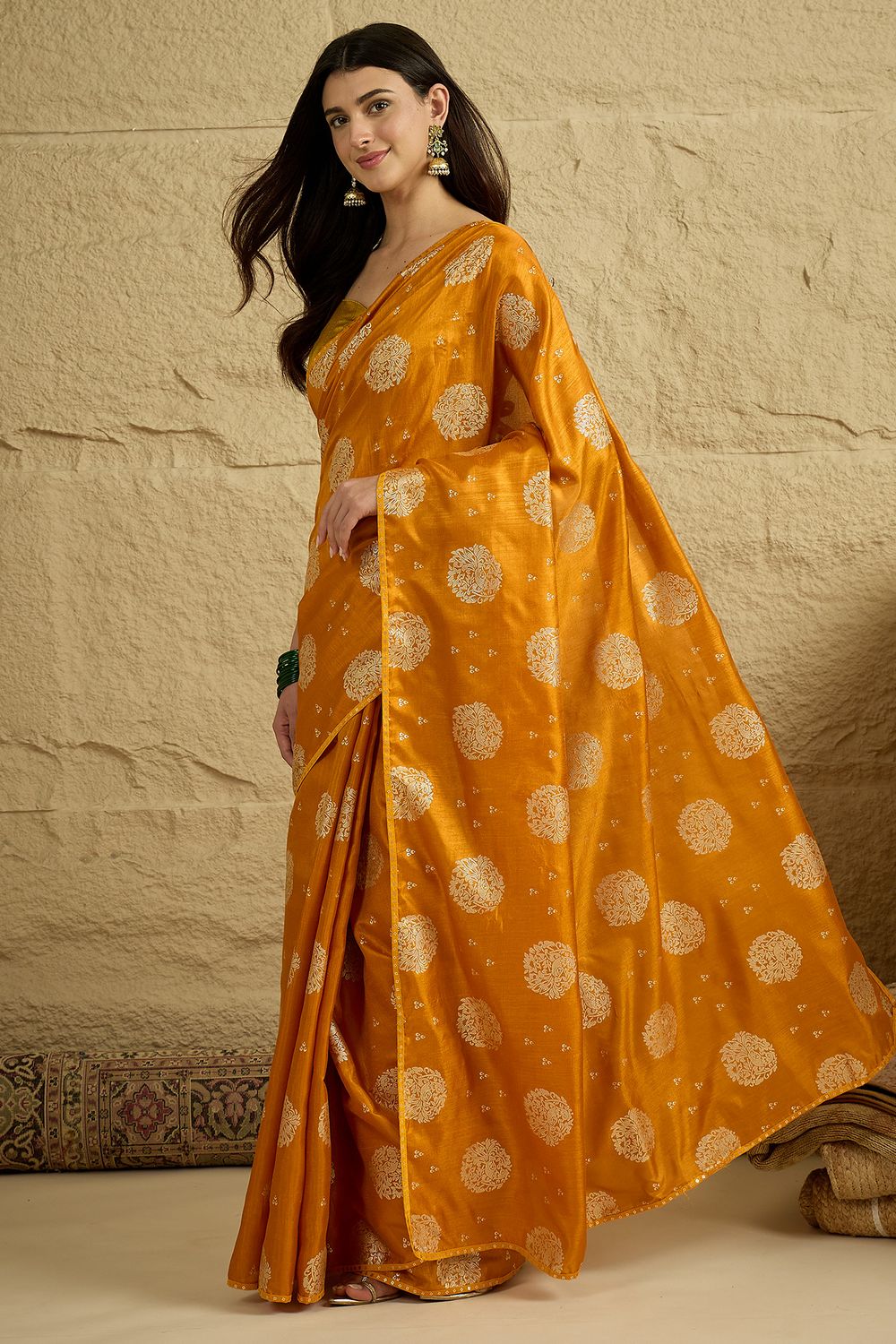 Ivy Mustard Yellow Georgette Floral Woven Ready To Wear Saree
