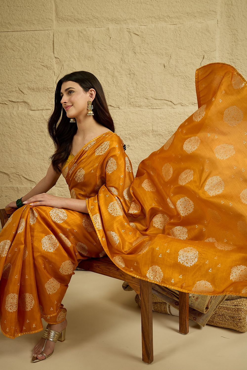 Ivy Mustard Yellow Georgette Floral Woven Ready To Wear Saree