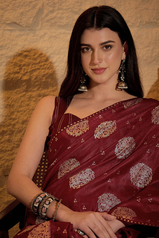 Ivy Maroon Georgette Floral Woven Ready To Wear Saree