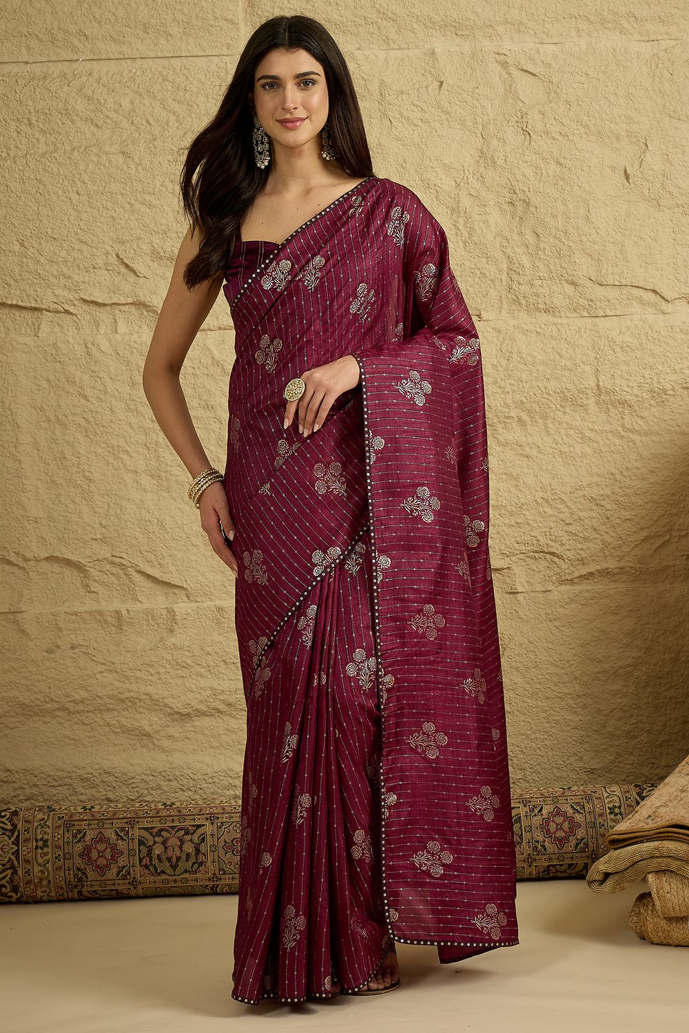 Aria Wine Georgette Floral Woven Ready To Wear Saree