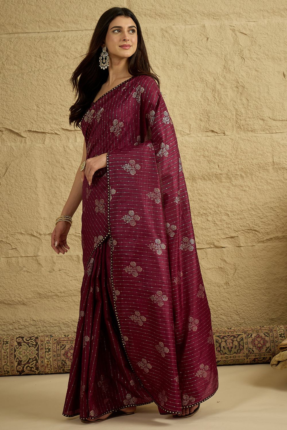 Aria Wine Georgette Floral Woven Ready To Wear Saree