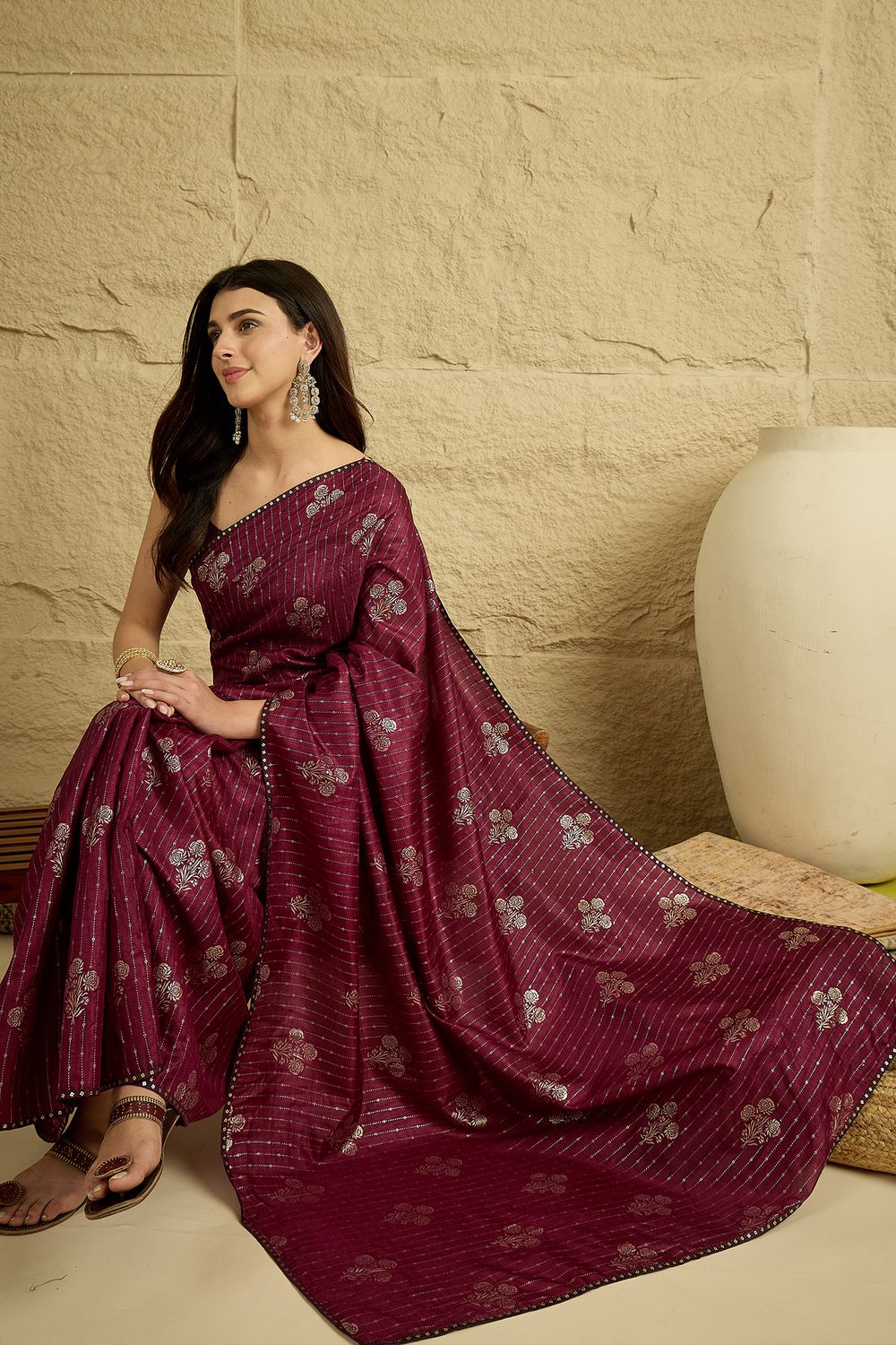 Aria Wine Georgette Floral Woven Ready To Wear Saree