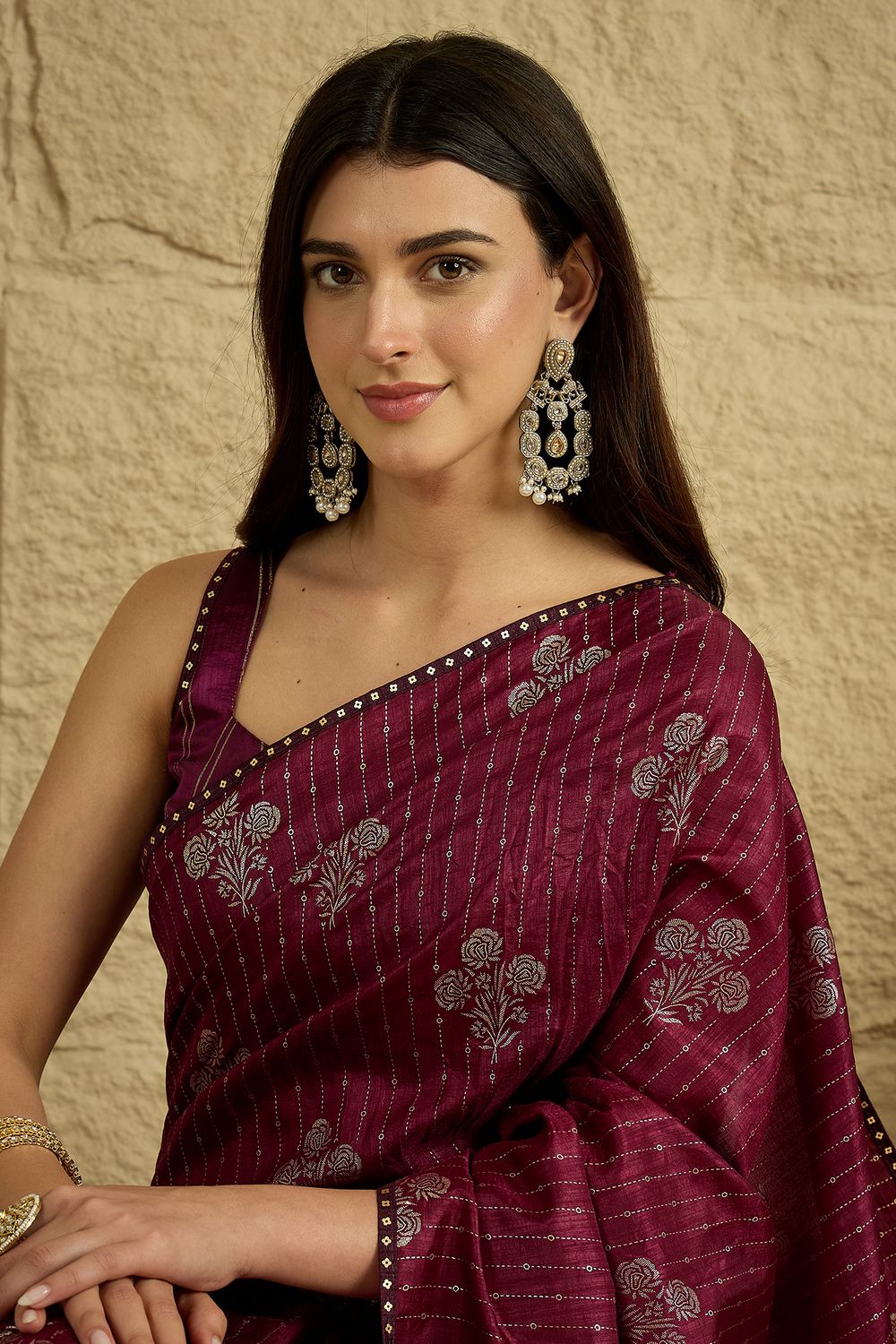 Aria Wine Georgette Floral Woven Ready To Wear Saree