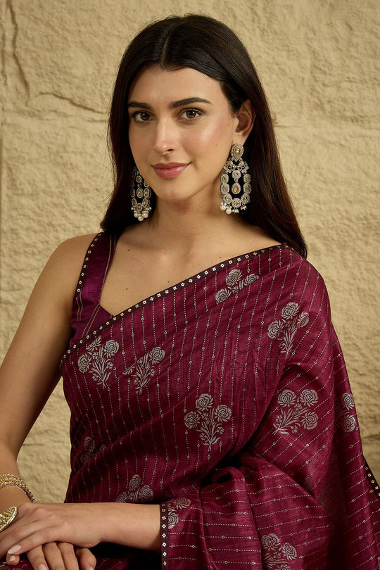 Aria Wine Georgette Floral Woven Ready To Wear Saree