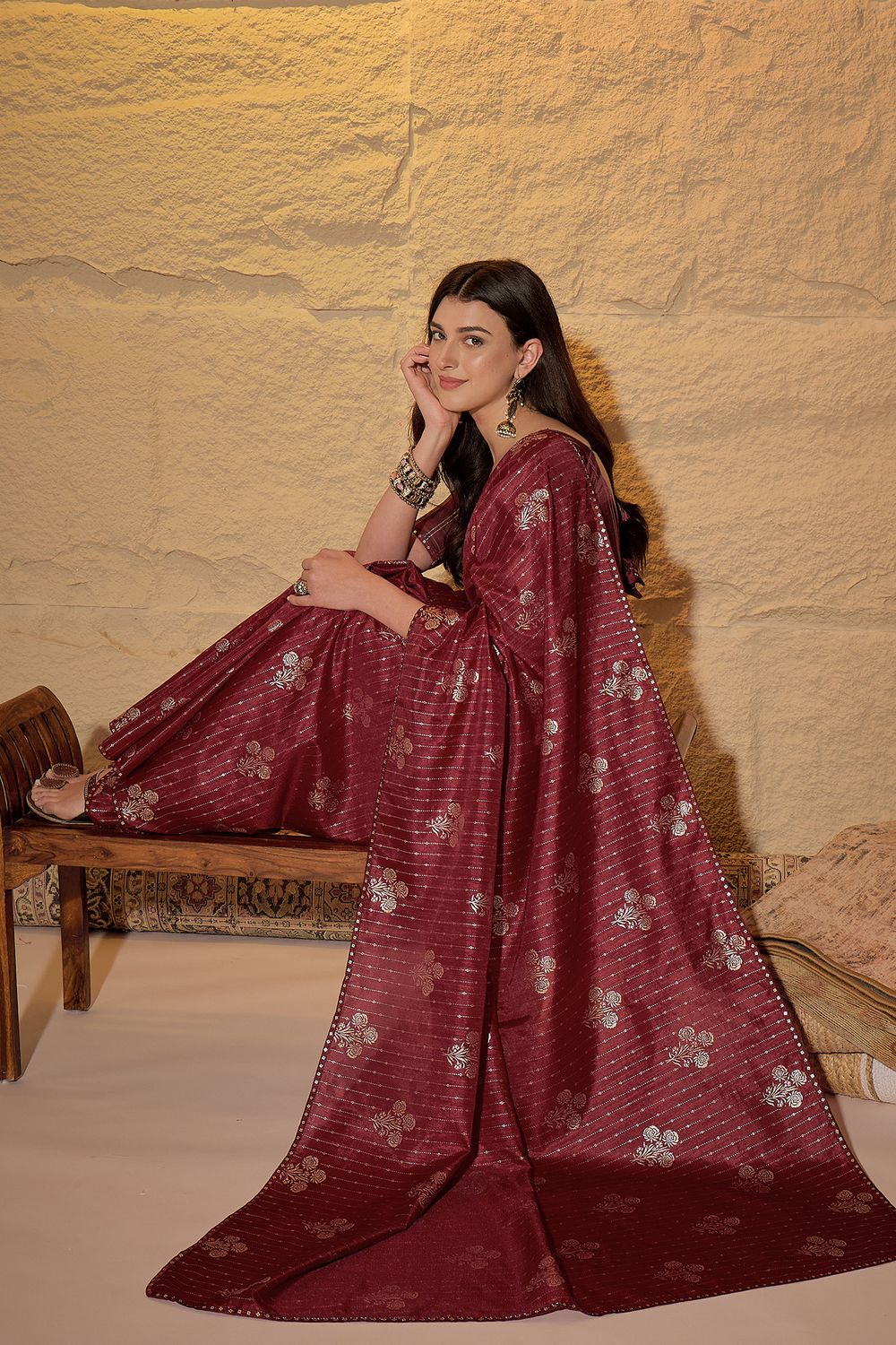 Aria Maroon Georgette Floral Woven Ready To Wear Saree