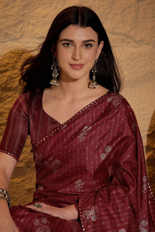 Aria Maroon Georgette Floral Woven Ready To Wear Saree