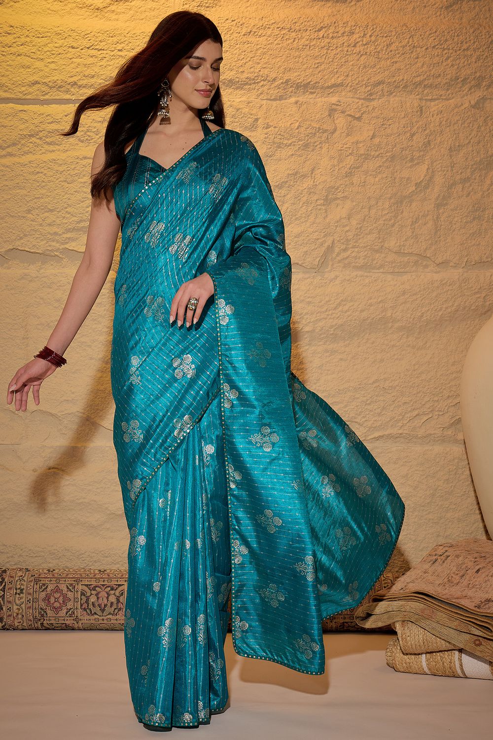 Aria Light Blue Georgette Floral Woven Ready To Wear Saree
