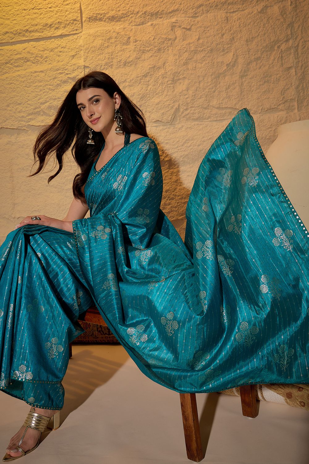 Aria Light Blue Georgette Floral Woven Ready To Wear Saree
