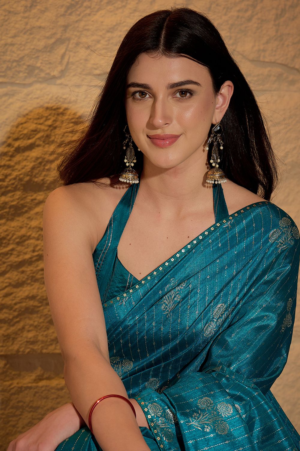 Aria Light Blue Georgette Floral Woven Ready To Wear Saree