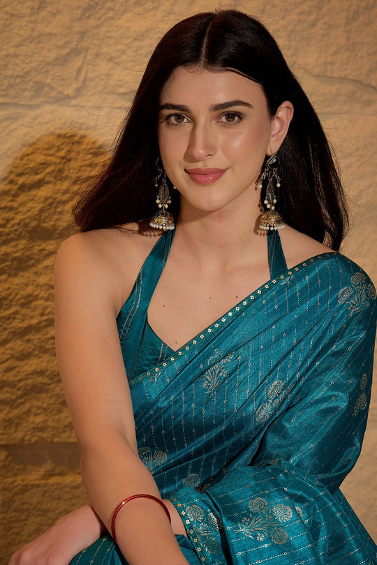 Aria Light Blue Georgette Floral Woven Ready To Wear Saree
