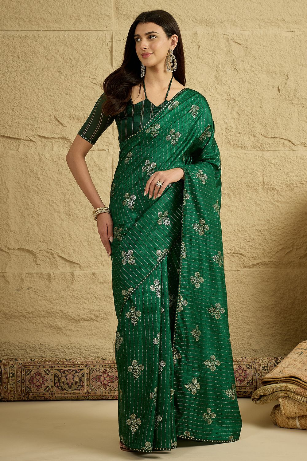 Aria Green Georgette Floral Woven Ready To Wear Saree