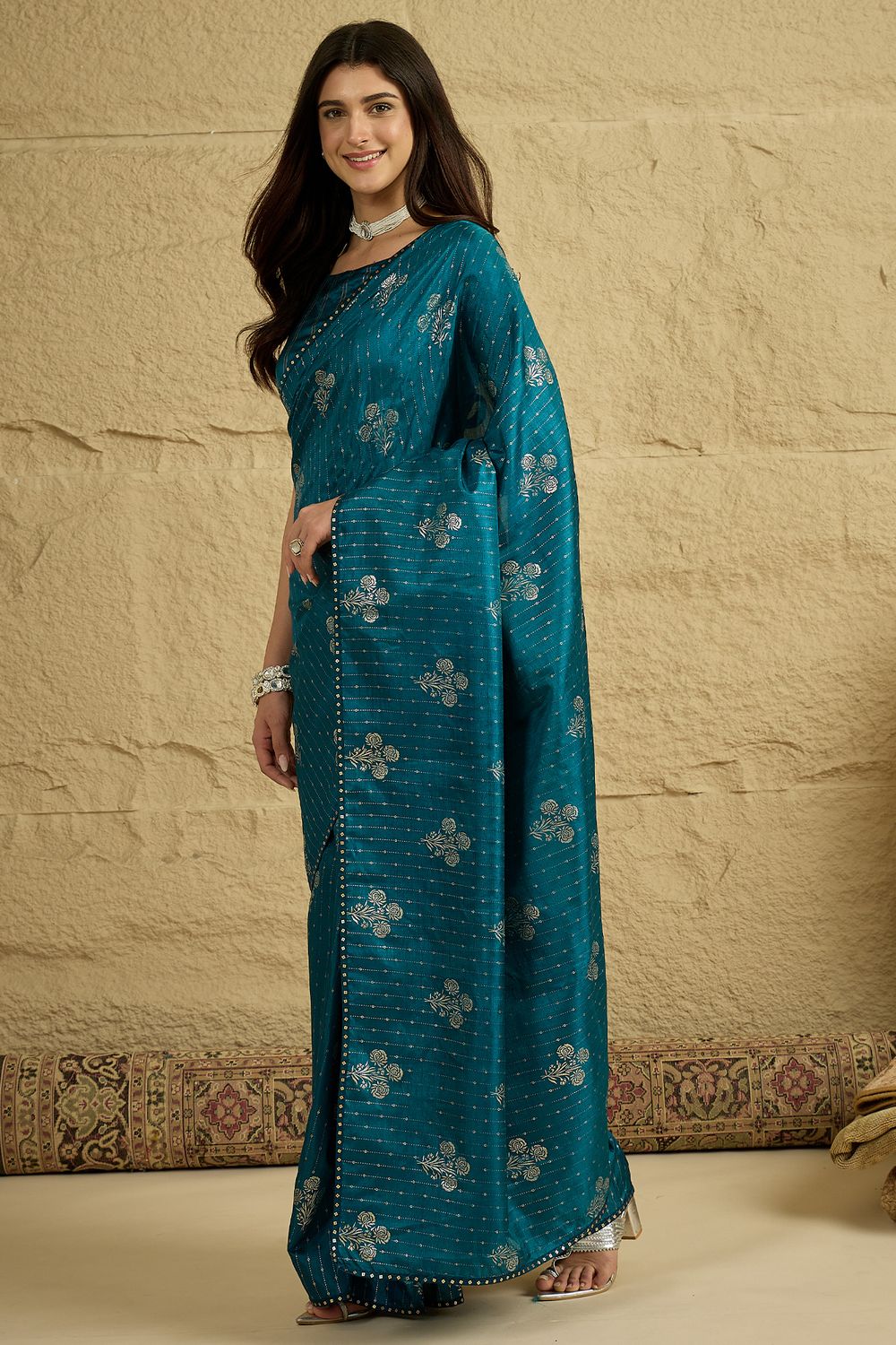Aria Teal Blue Georgette Floral Woven Ready To Wear Saree